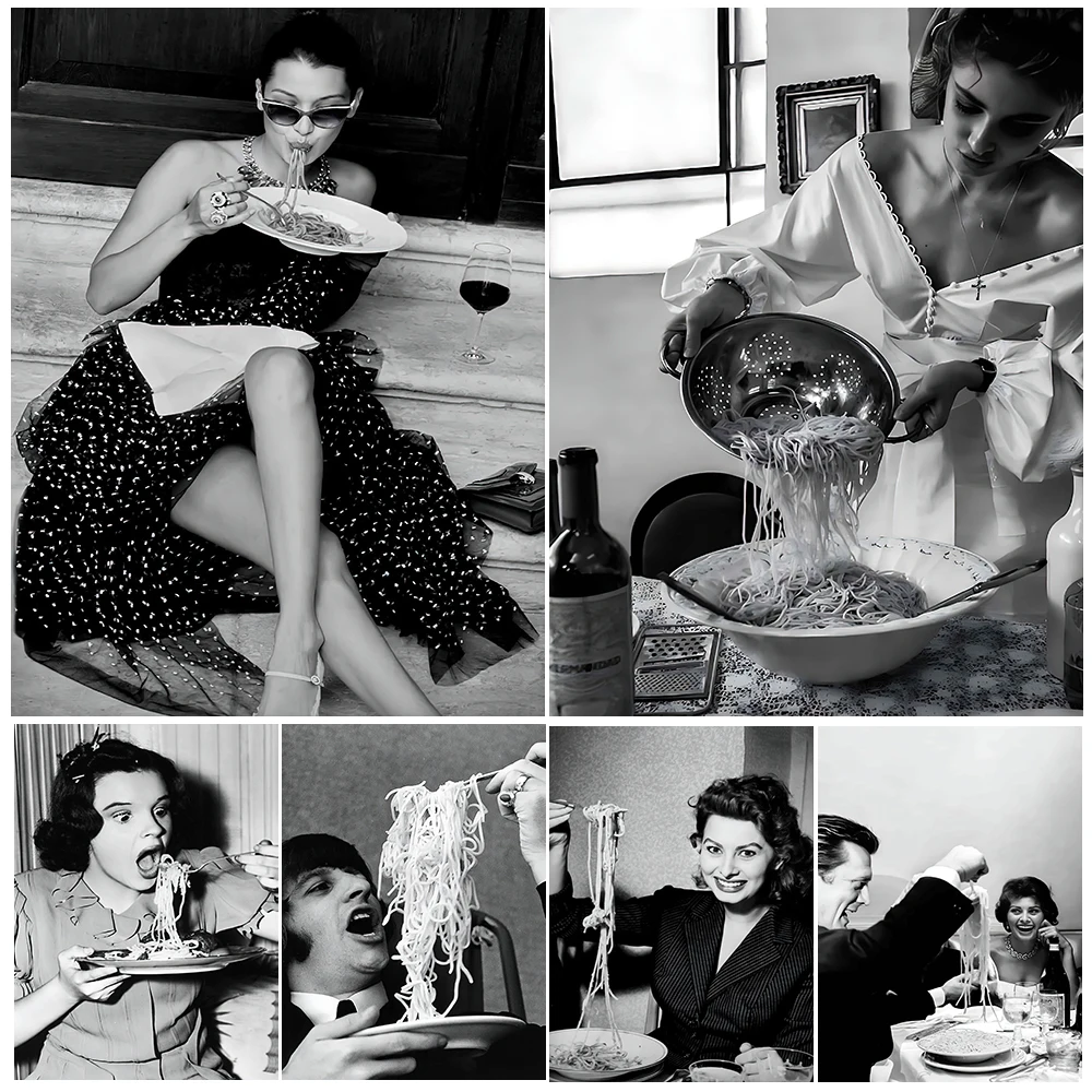 Черно-белый винтажный художественный постер с изображением еды макаронных