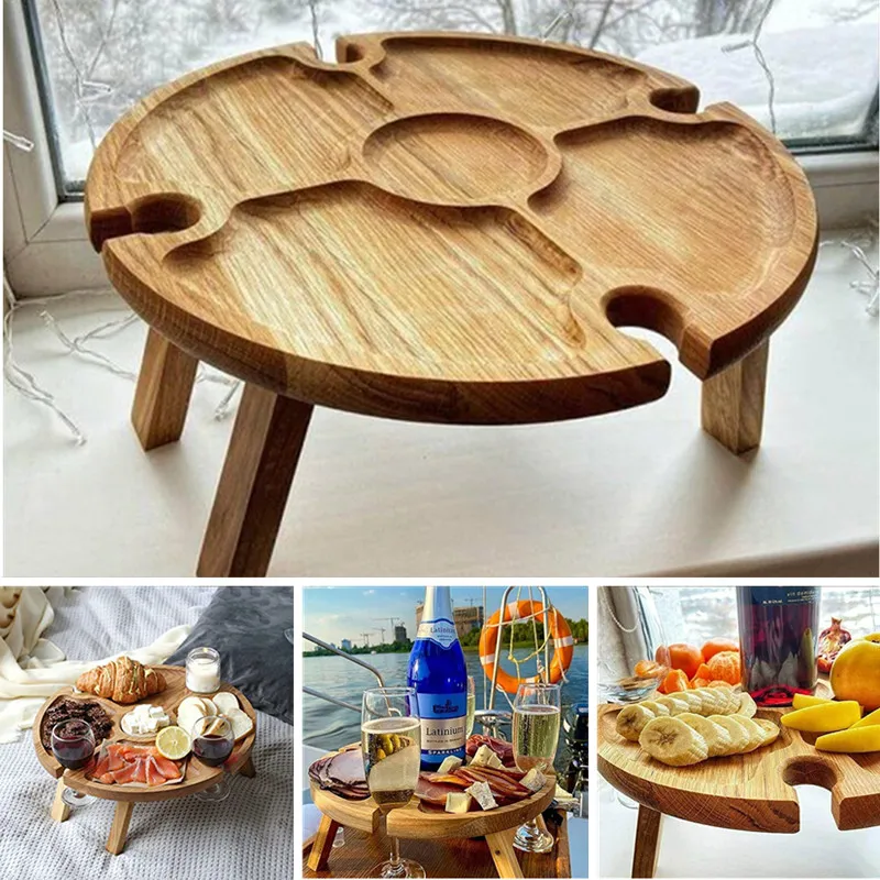 

Wooden Outdoor Folding Picnic Table With Glass Holder Round Foldable Desk Wine Glass Rack Collapsible Table for Garden Party