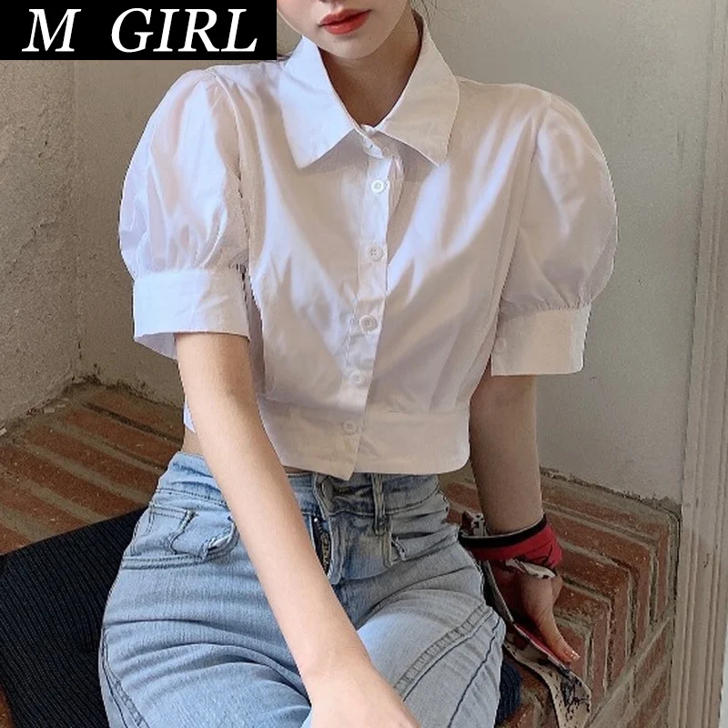 M GIRLS Korean Fashion Lapel Puff Sleeve Women Blouse Solid Chic Summer New Simple Elegant Crop Tops All-Match White Shirts