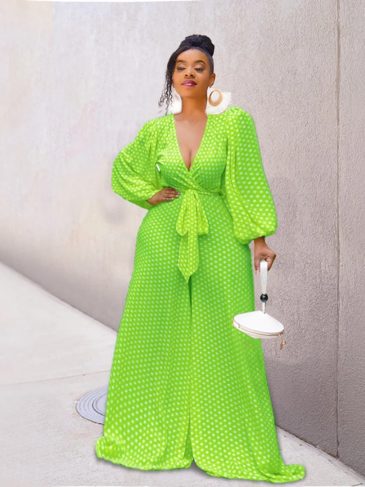 

Polka Dot Women Jumpsuits Loose V Neck Long Lantern Sleeves Print with Belt Wide Leg Pants Casual Daily Date Fashion Overalls