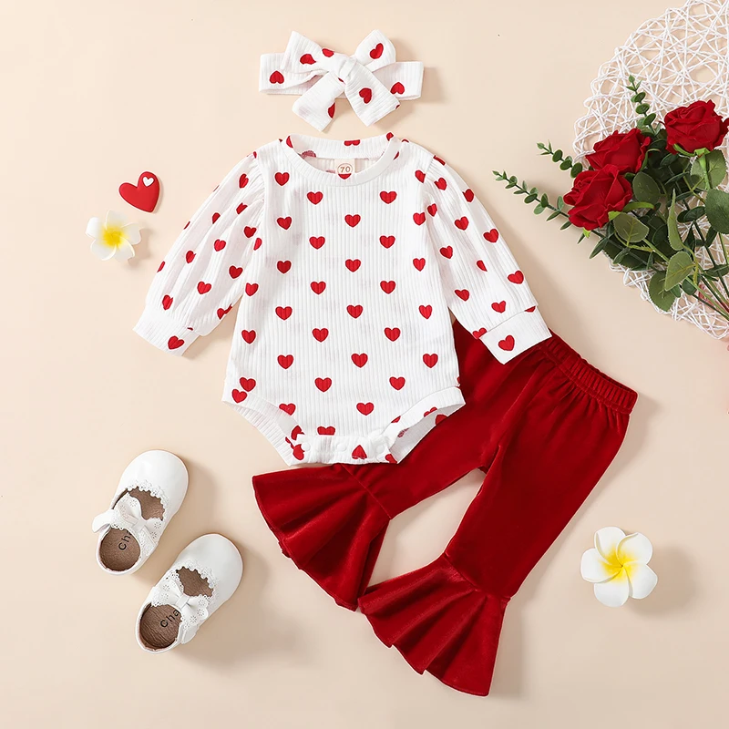 

Blotona Baby Girls Spring Fall Valentine's Day Outfit Long Sleeve Heart Print Romper +Velvet Flared Pants +Headband, 0-18Months