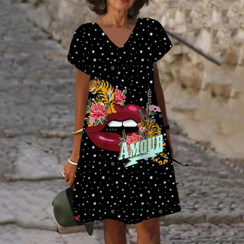 

2022 Women Long Dress Loose Casual Sexy Lip Print Print A-Line Dress Streetwear Boho Fashion Dress Summer Women Sundress 5XL