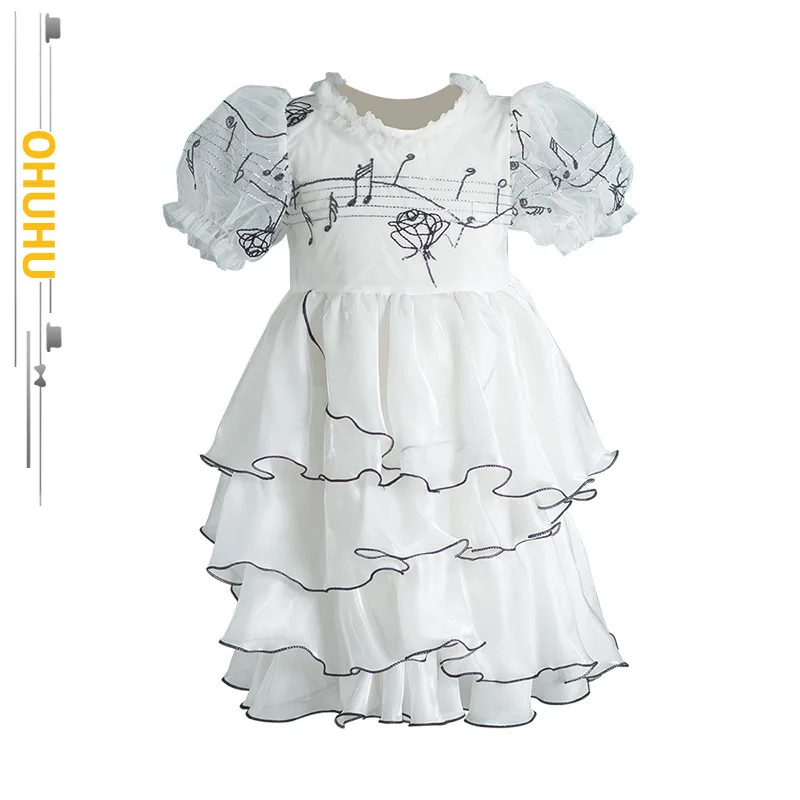

2022 New Party Princess Dress Girls Children's Clothing Puff Sleeve Solid Color Princess Note Flower Ruffle Skirt 33010#