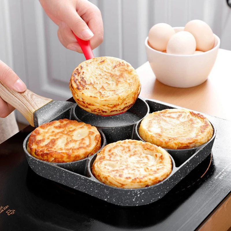 

Frying Pot Pan 2/4 Holes Steak Egg Pancake Non-stick Pan Thickened Omelet Pan Wooden Handle Pan Convenient Kitchen Tools