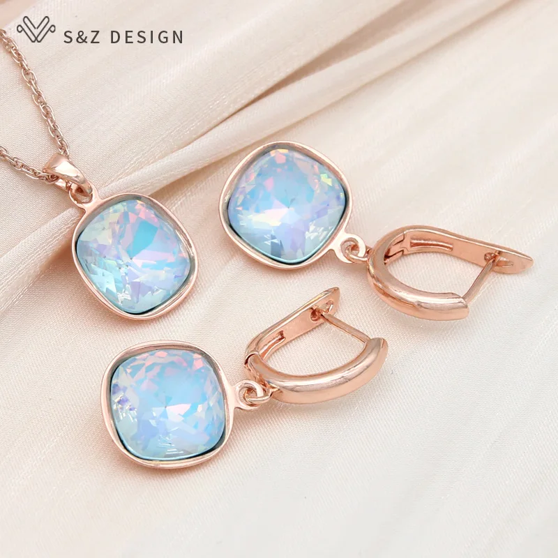 

S&Z DESIGN New Fashion 585 Rose Gold Color Square Crystal Dangle Earrings Jewelry Sets For Women Pendant Necklace Gift