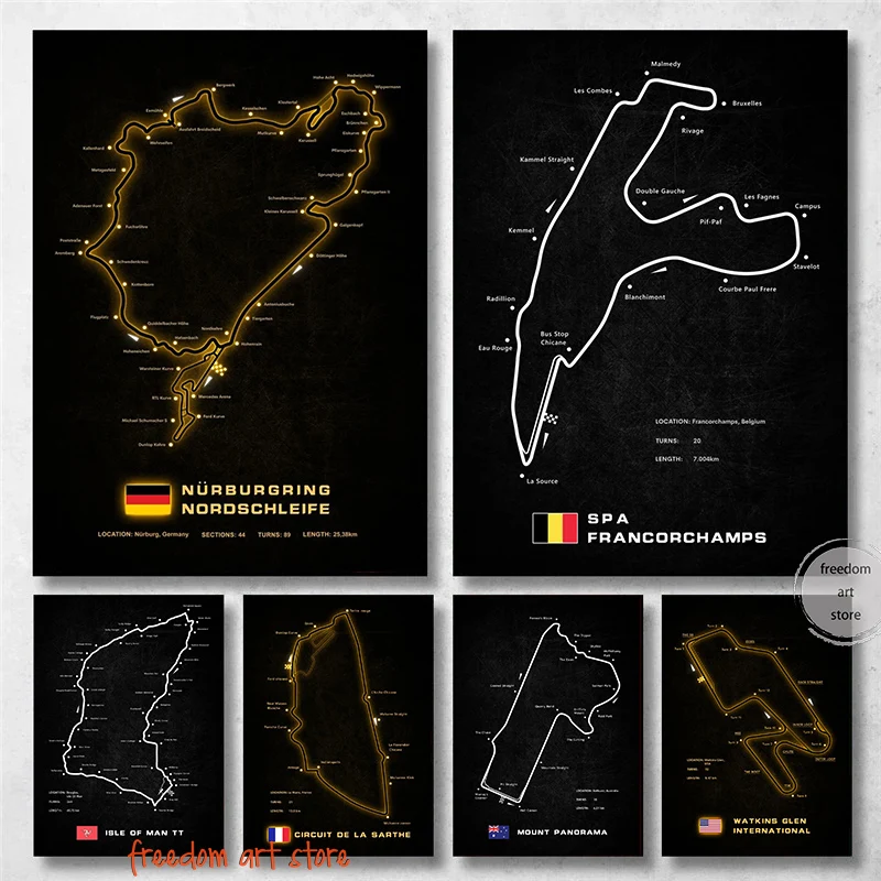 

Плакаты гоночные схемы Monza Dubai Nurburgring, полная картина Raceway, художественные плакаты, Картина на холсте, настенные принты, картины, гостиная, домашний декор