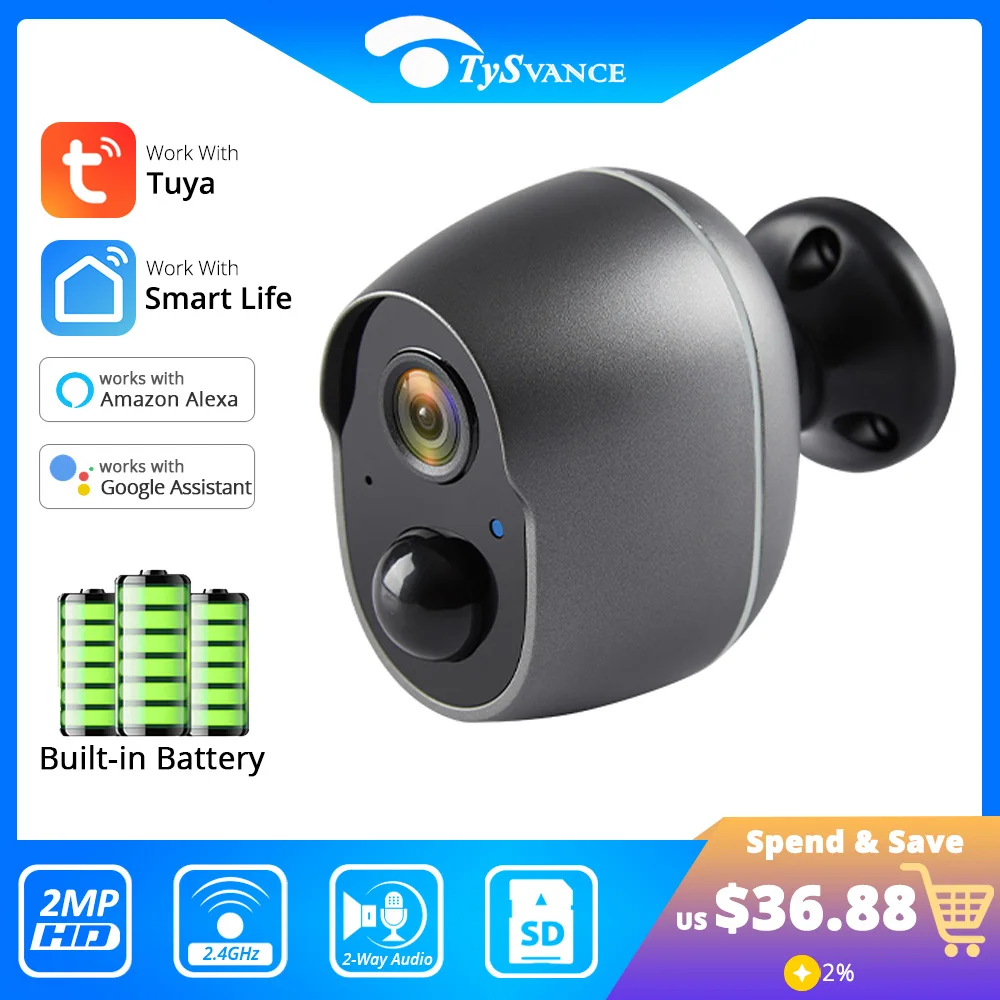 Tuya Low Power Battery Camera Outdoor Waterproof Wifi 1080P 2MP PIR Motion Detect Wireless Security CCTV Camera Cloud Storage