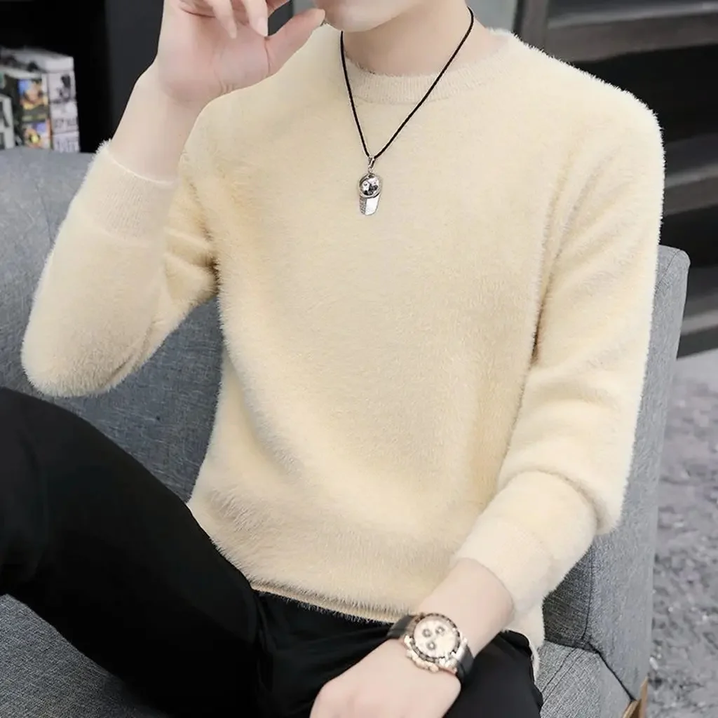 

Мужские модные однотонные теплые пуловеры в Корейском стиле, сезон осень-зима 2023, мужские вязаные топы с круглым вырезом, мужские свободные свитера L140