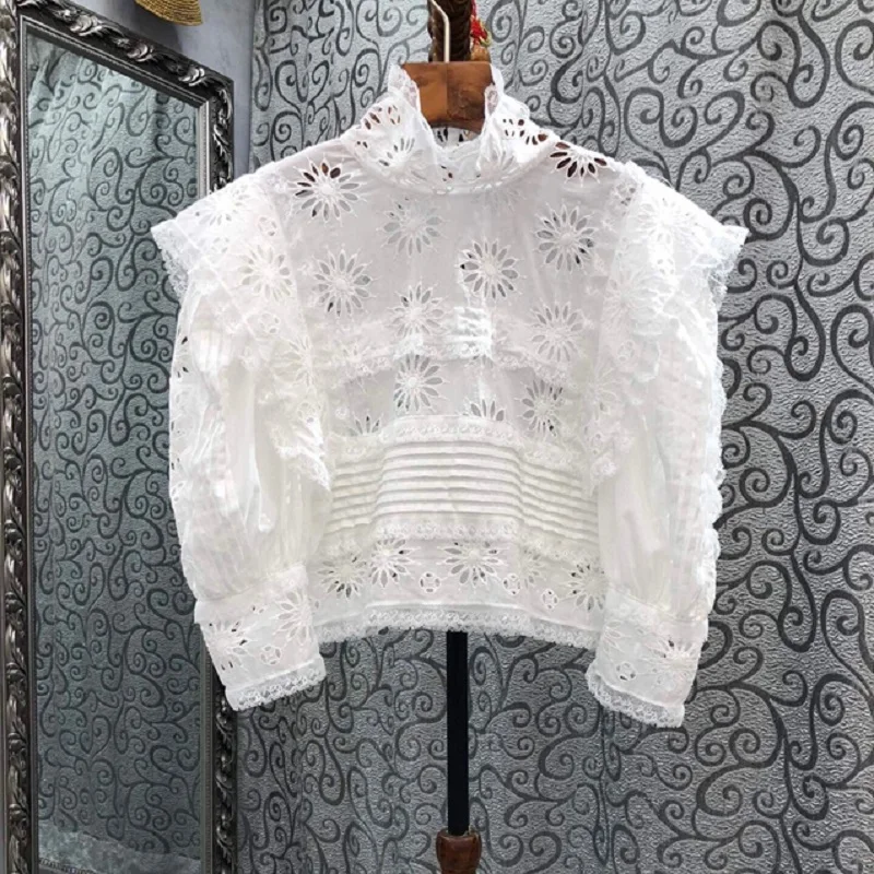 100%Cotton Crop Top 2022 Autumn Style Ladies Allover Hollow Out Embroidery 3/4 Sleeve Casual Sexy White Pink Tops Blouse Clothes