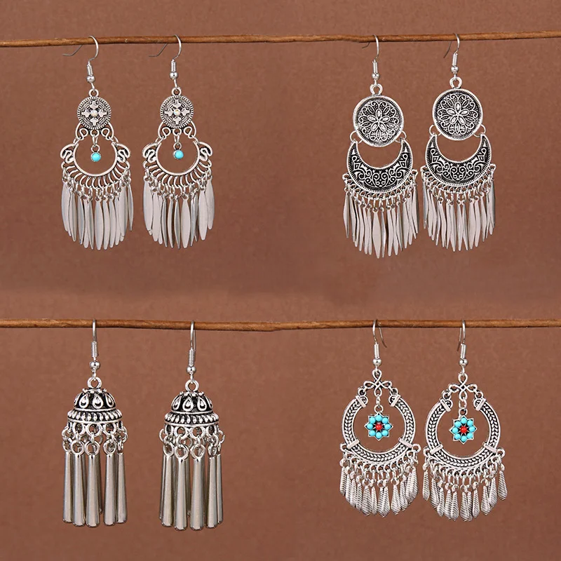 

Chinese Style Vacation Jewelry Accessories Ethnic Retro Alloy Carved Tassel Earrings for Women