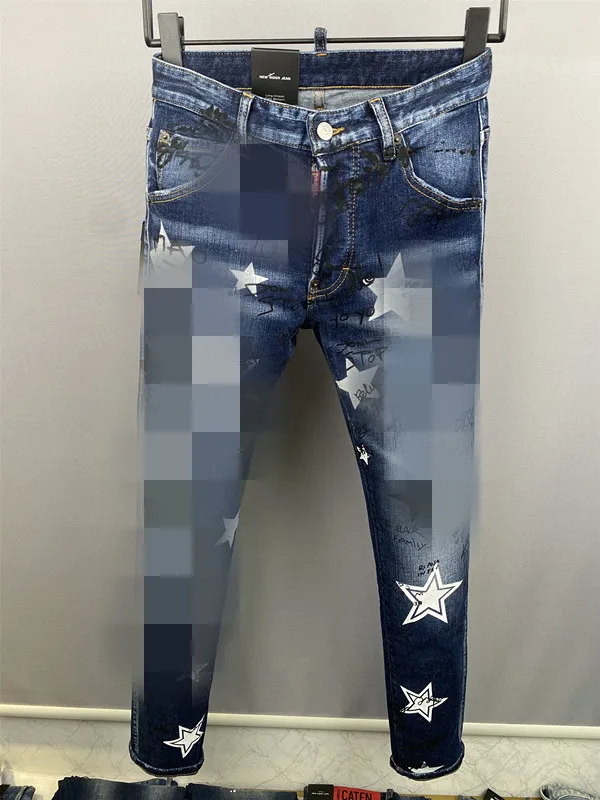 

2022 New style denim trousers for men d2 slim fitting wash dark blue printing star letter graffiti micro elastic leisure 9851