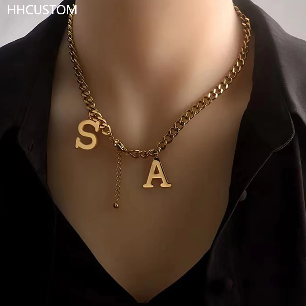 

Индивидуальное ожерелье с большими буквами HHCUSTOM, кубинская цепь из нержавеющей стали, женское ювелирное изделие унисекс, лучший подарок