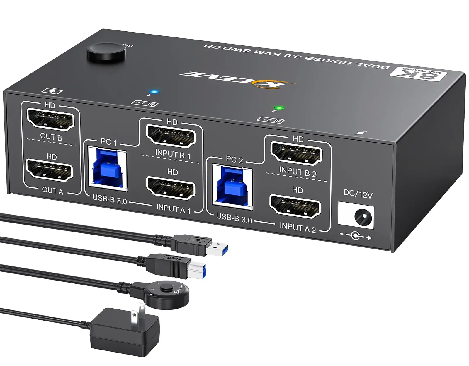 Фото Кастомный KVM-переключатель 4K 144 Гц для 2 мониторов и 2 компьютеров, 8K 60 Гц KCEVE HDMI DisplayPort Dual Monitor KVM с 4 портами USB 3.0 в подарок №1