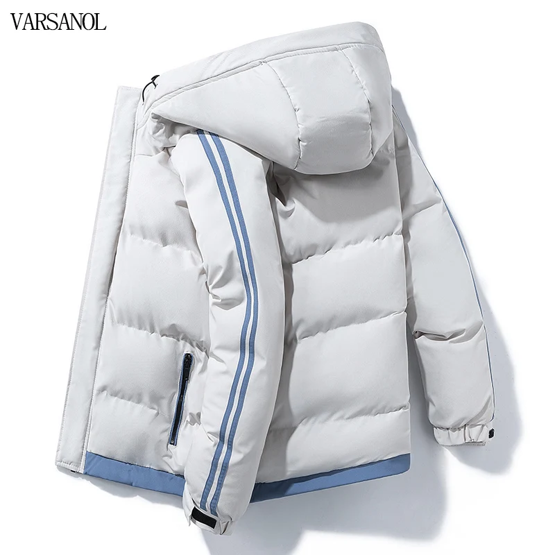 VARSANOL Winter Jackets Hooded Parkas for Men Thick Warm Windproof Striped Coat 2022 Men's Casual Solid Color Outwear Plus Size