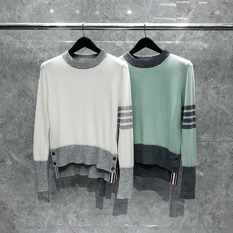 TB THOM Women's Sweaters Korean Fashion Brand Coats Fun-mix Patchwork 4-bar Stripes Crewneck Pullover Kawaii Streetwear Sweaters