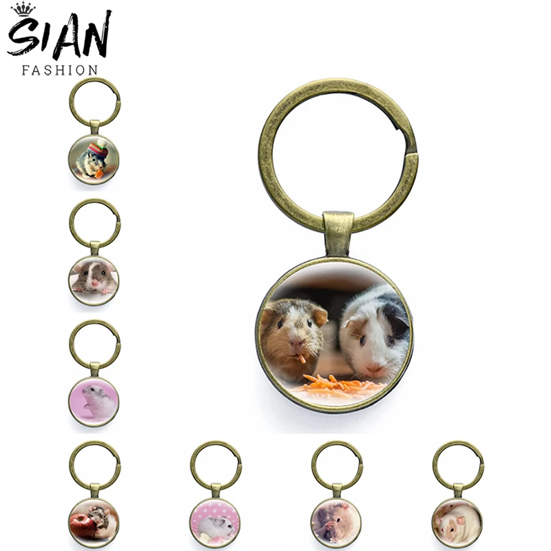 

Cute Hamster Creative Pendant Keychains Holder Round Keyrings Key Chains for Bag Key Alloy Glass Cabochon Jewelry Wholesale Gift