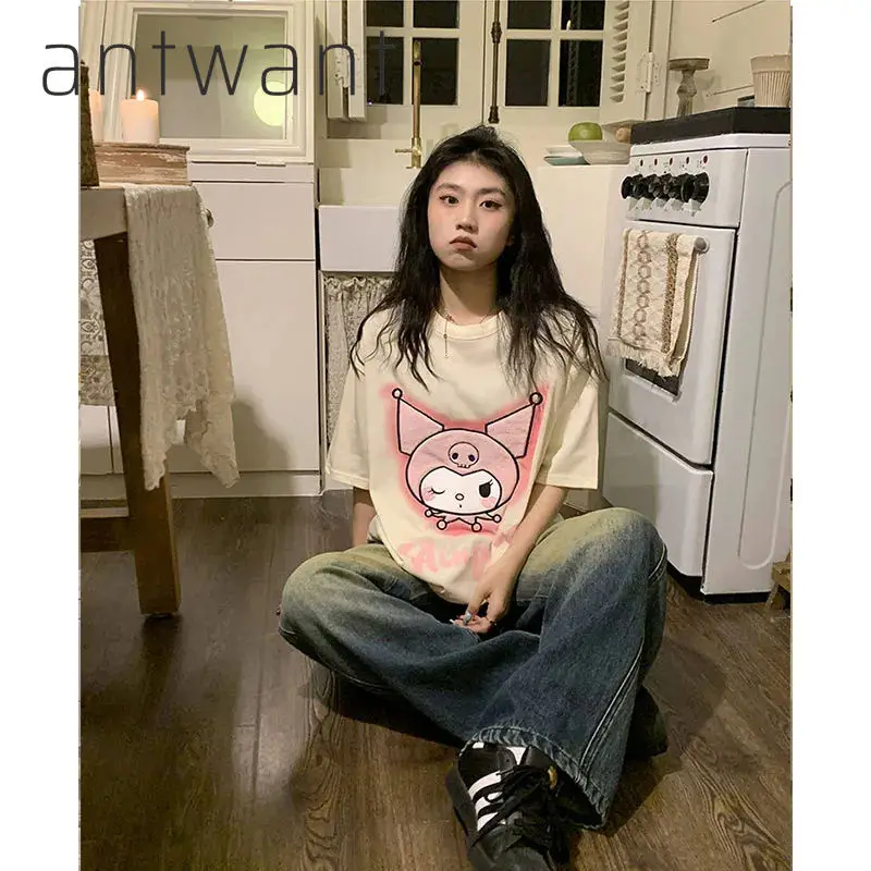 

100% Cotton Kawaii Sanrio Short-Sleeved Kuromi Accessories Cute Beauty Cartoon Anime T-Shirt Retro Summer Tops Toys Girls Gift