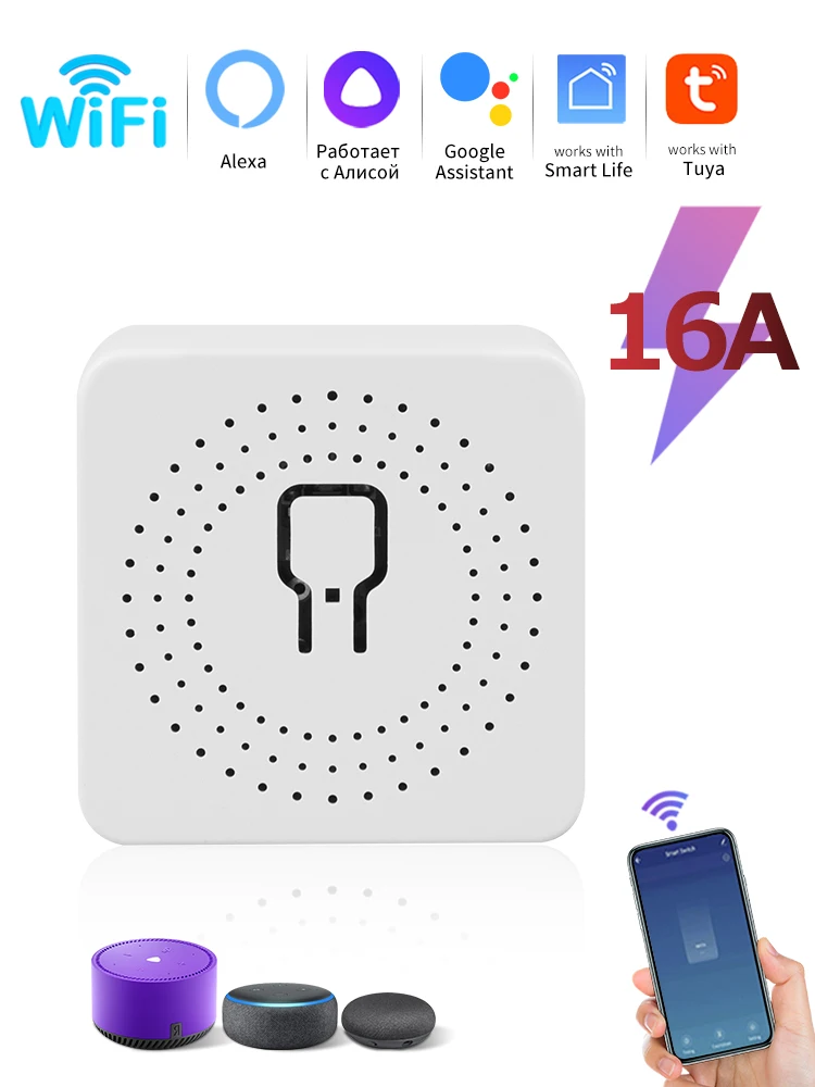 

Белый умный выключатель Mini Tuya Wi-Fi 20А 16А