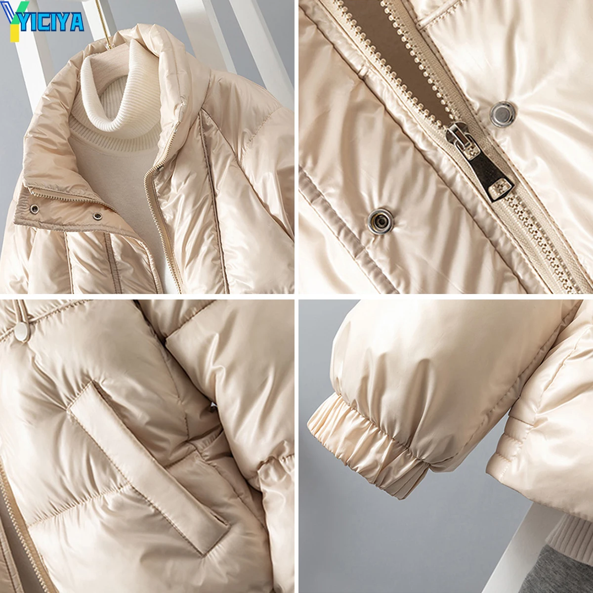 YICIYA Jackets For Women 2023 New Winter Parkas Female Glossy Cotton Jackets Stand Collar Casual Warm Parka Coat Female Outwear