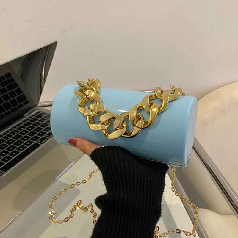 2022 Fashion Women PVC Box Bag Yellow Blue White Chain Shoulder Bags Small Totes Dinner Makeup Clutch Cylindrical Evening Bags images - 6