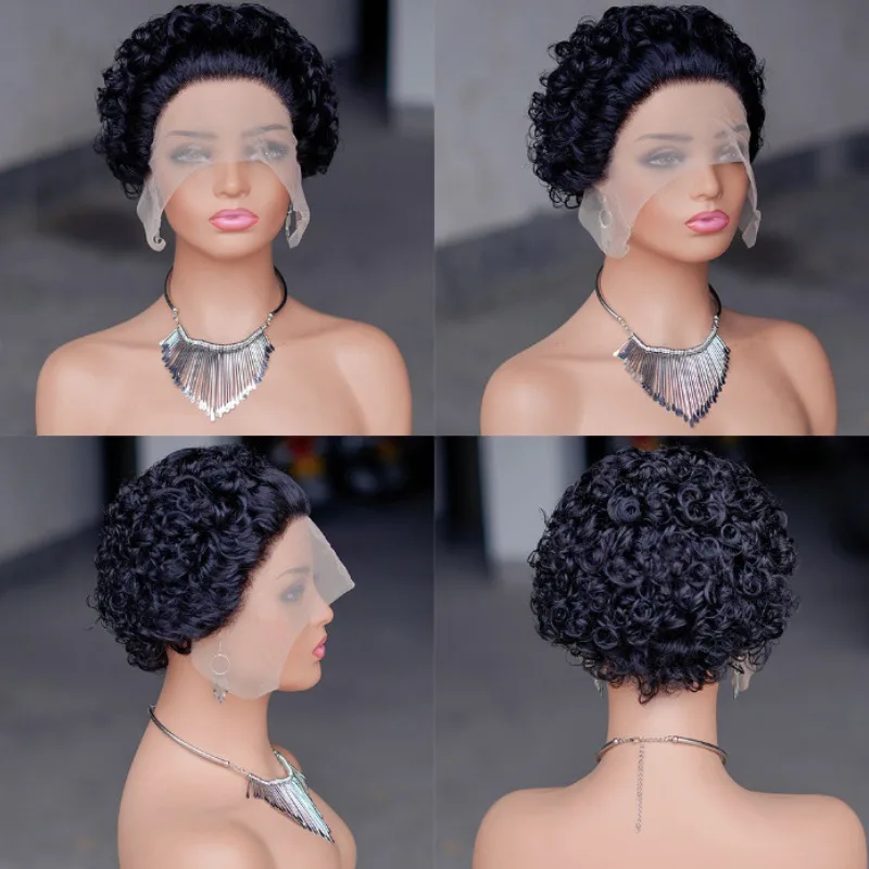 Уникальный 13x1 Pixie Cut Curly Lace Wigs for Black Women Бразильский Virgin Remy Frontal Human Hair Парик с
