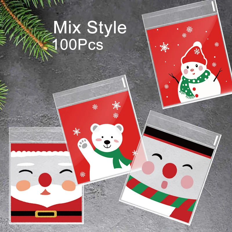 

100Pcs Mix Christmas Candy Cookie Gift Bags Plastic Self-adhesive Biscuits Snack Packaging Bag Xmas Party Decoration Kids Favors