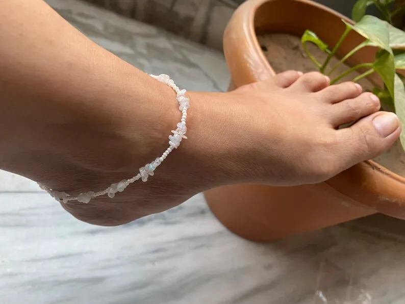 Ankle Bracelet-Fashionable Anklet-White Moonstone Anklet-Raw Chips Beaded Anklet-Boho Anklet-Handmade Anklet-White stone Anklet,