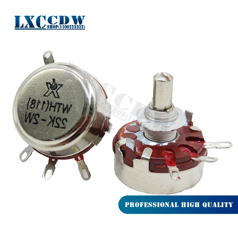 

2PCS WTH118 2W 1A Potentiometer 1K 2.2K 4.7K 10K 22K 47K 100K 470K 1M WTH118-2W Round Shaft Carbon Rotary Taper Potentiometer