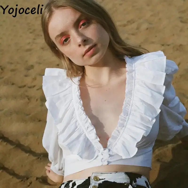 

Yojoceli Women autumn ruffled short blouse Button white lantern sleeve casual blouse Cool female v neck beach tops female blusas