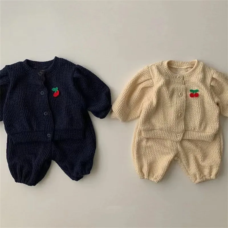 

Baby Autumn New Cherry Embroidery Knitting Cardigan Casual Simple Coat And Toddler Boy Solid Comfortable Cotton Pants 2pc Set