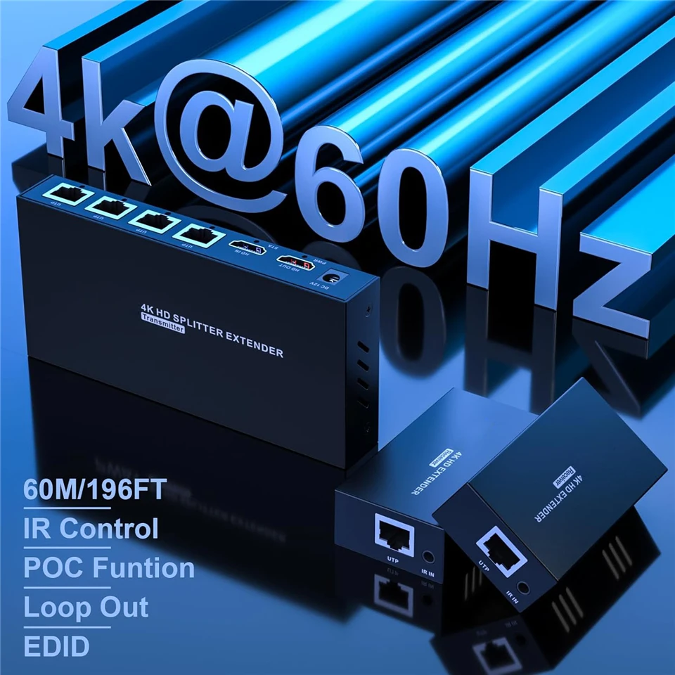 Фото Navceker 4K 60 Гц HDMI Extender Splitter 1x4 3D HDMI RJ45 Extender 60 м Ethernet-передача через CAT5e/6/7 4-канальный 1 контурный выход №3