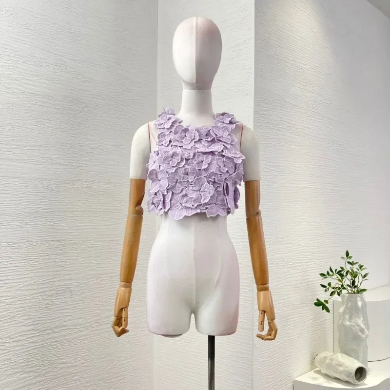 Женские фиолетовые цветы аппликация блузка без рукавов с открытой спиной топы и