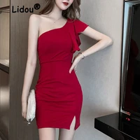 casual sloping shoulders solid color short sleeve hip skirt women clothing 2022 summer new sexy high end split slim dress