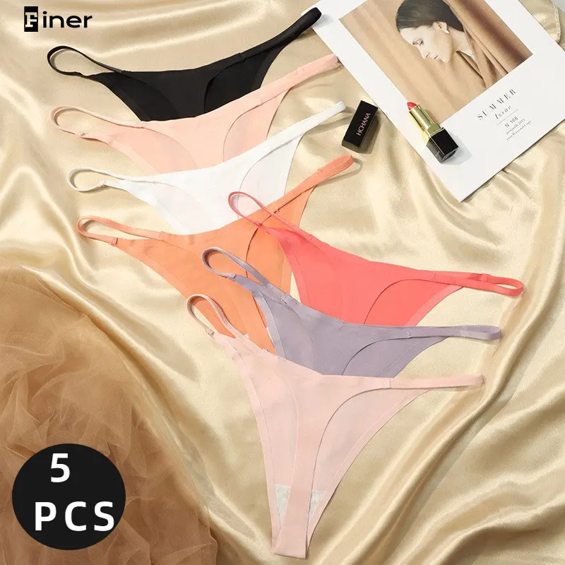 

5 PCS Lot Women's Seamless Thongs Ice Silk String Tanga Woman Solid Thong Panties Soft G-string Female Lingerie Quality T-back
