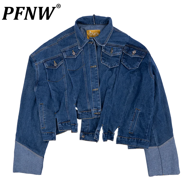 

PFNW Spring Autumn New Men's Short Denim Jackets High Street Solid Patchwork Irregular Leisure Trend Cotton Lapel Coats 28A0603