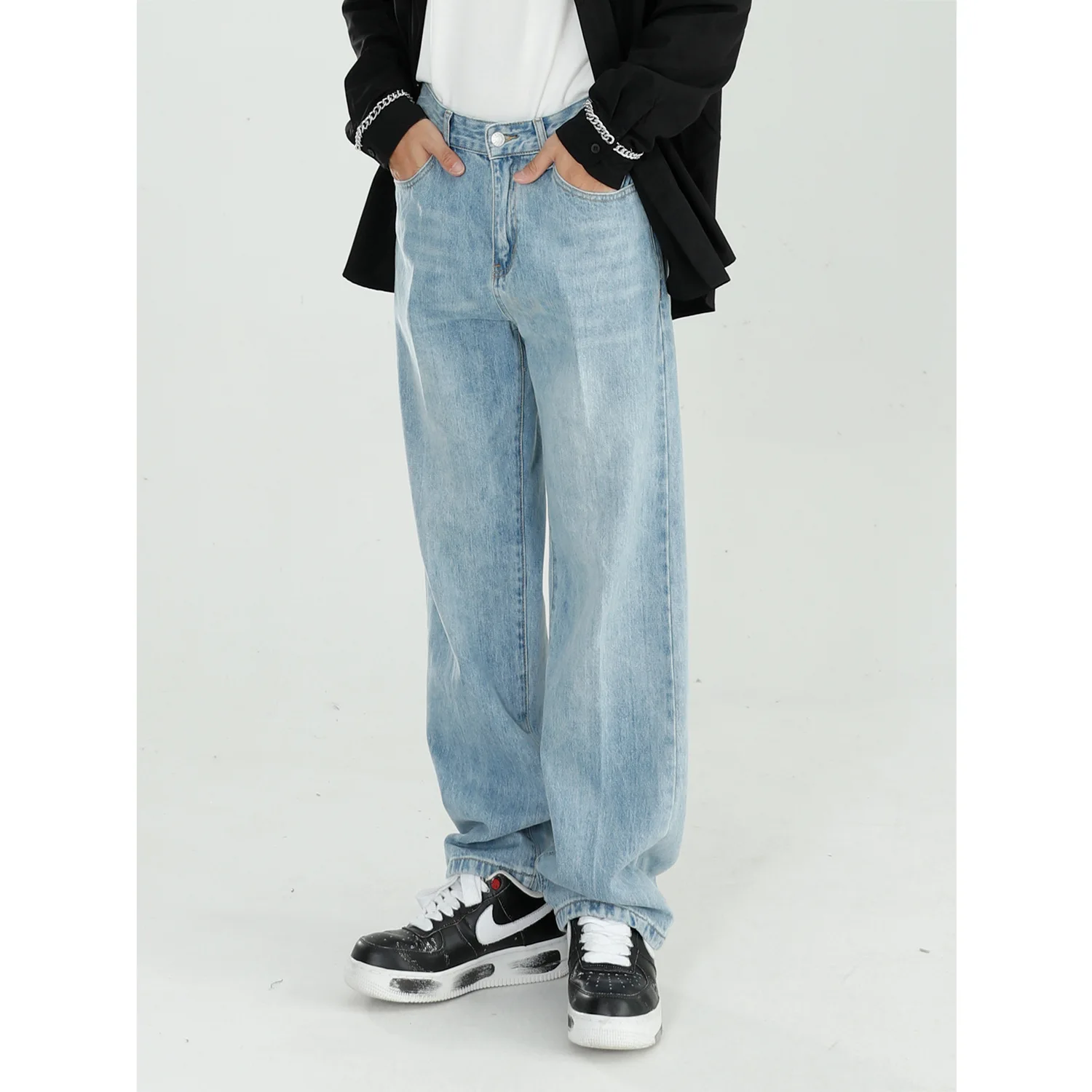 overalls for Men Casual Trousers Light Blue Jeans Loose Pants Fashion Motorcycle All-match Straight Pants Pocket Boy Jeans