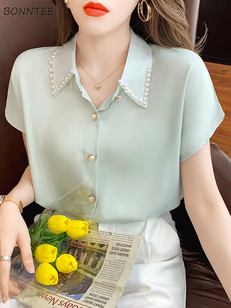

Shirts Women Chiffon Elegant Thin Summer Pearls Design Solid Cozy Fashion Casual French Style Blusas Mujer Chic Tender Office
