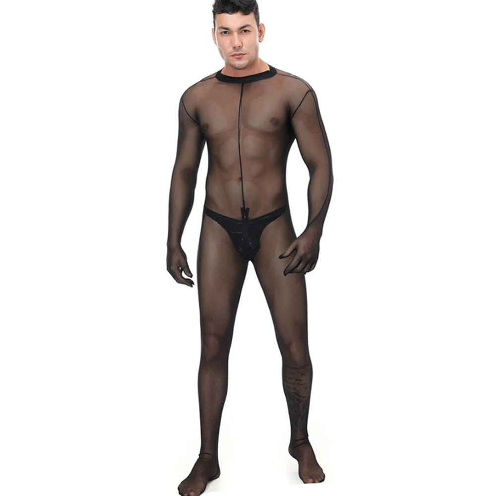 

Mens Erotic Lingerie Black Transparent Mesh Male Bodystocking Catsuit + Patent Leather Cock Sock Stretchy Sexy Lingerie Set