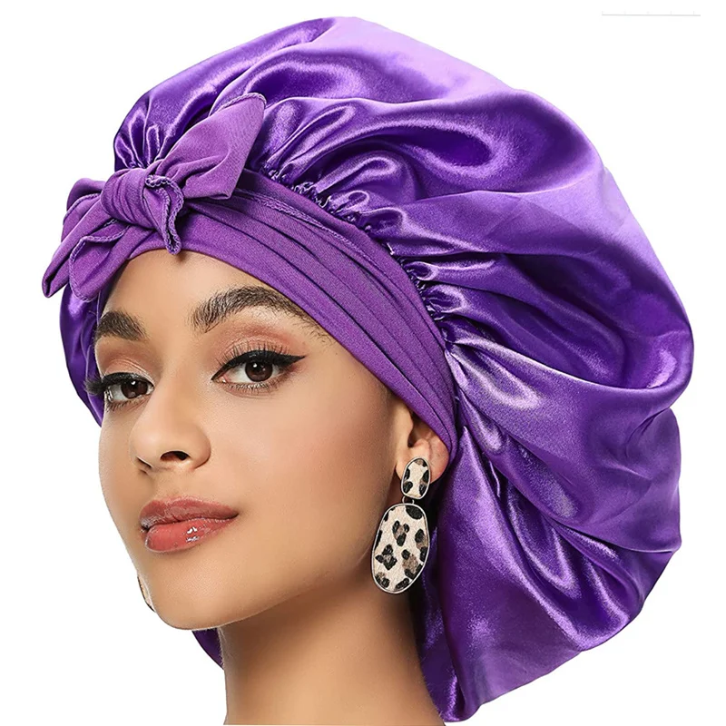 

Hot Selling Hat Bonnets Women Hijabs Solid Wide Brim Long Tail Extra Large Bath Cap Ribbon Round Cap Adult Large Satin Nightcap