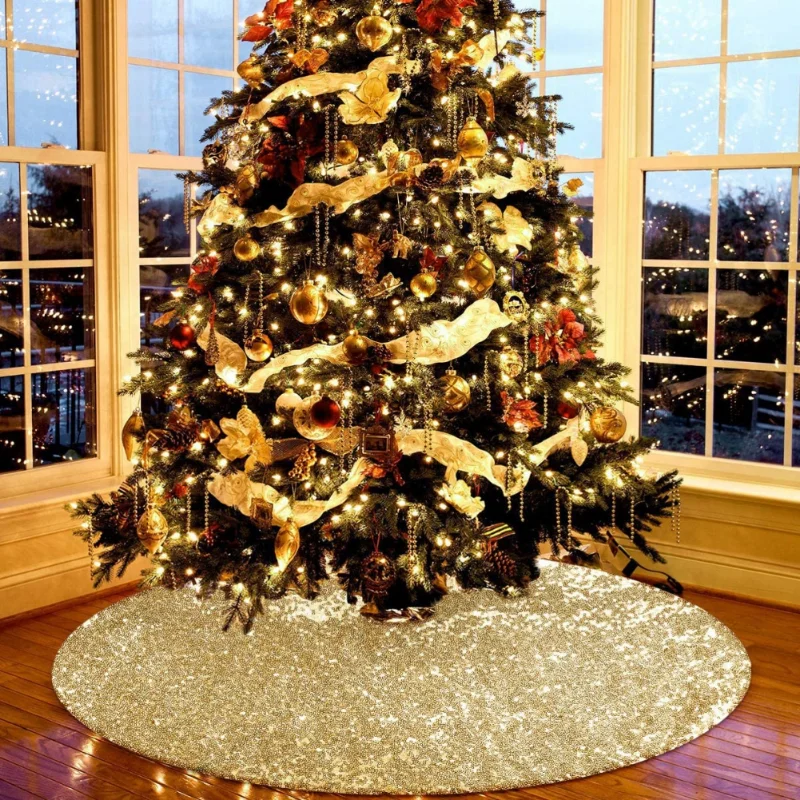 

Gold Sequins Tree Skirts Christmas Decorations Home Decor Base Cover Mat Ornament Novelties New Year Artificial Large Blanket