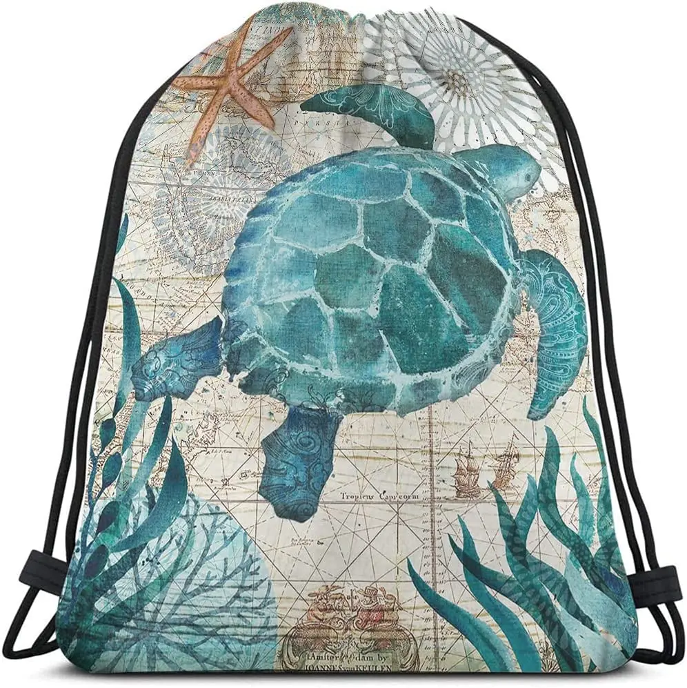 

Sea Turtle Drawstring Bags Backpack Bag Mediterranea Style Sea Theme Outdoor Beach Coastal Animal Sea Fish Sport Gym