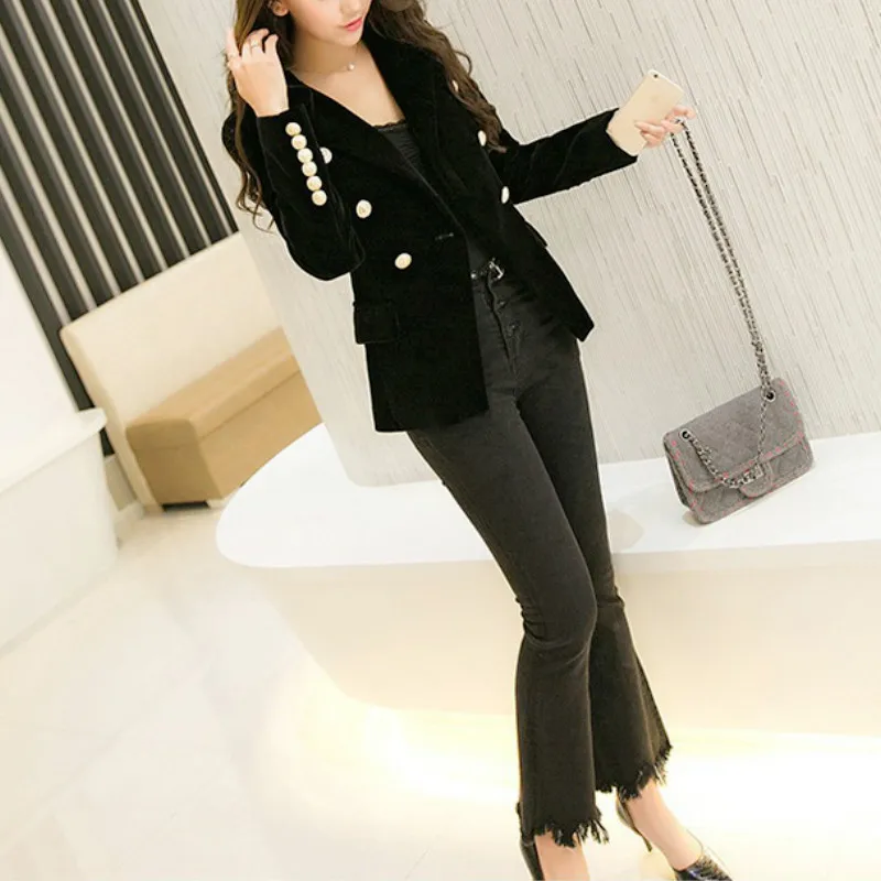 New Red Black Slim Velvet Blazers Women Classic Double Breasted  Blazers Spring Office Lady Formal Work Wear Autumn Jackets Coat