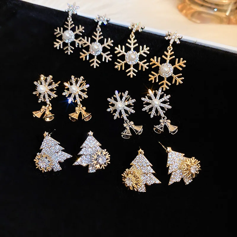 

Minar 2022 Christmas Sparkly CZ Zircon Snowflake Tree Dangle Earrings for Women Gold Copper Bell Rotatable Earring Festival Gift