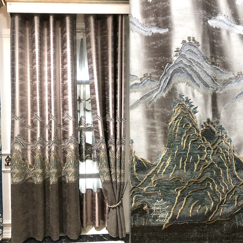 

Precision Three-dimensional Embroidery New Chinese Style Villa Living Room Bedroom Landscape Painting Embroidered Curtains Ly