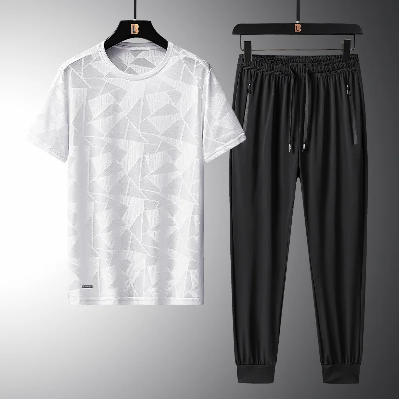 2023 Summer Men's Ice Silk Set Solid Color Round Neck Short Sleeve T-shirt+Pants Two Piece Set for Middle and Youth Sportswear