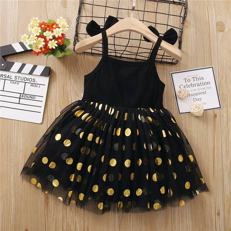

Blotona Baby Girl Dress, Dot Pattern Square Neck Bow Shoulder Decor Lace Hem Sleeveless Mini Skirt, 9Months-3Years