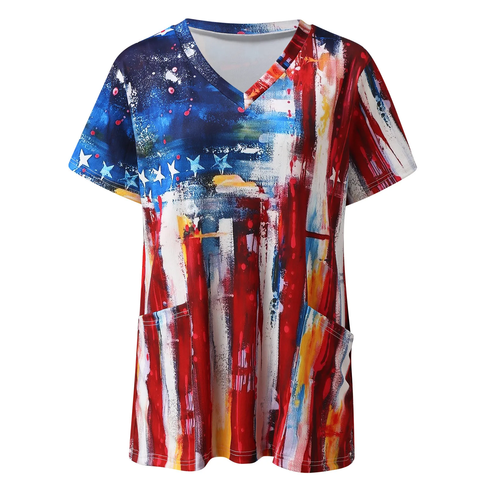 

American Flag Print Scrub Tops with Pocket V Neck Fashion Women Work Uniform Short Sleeve Beauty Salon Pet Grooming Blouse Shirt