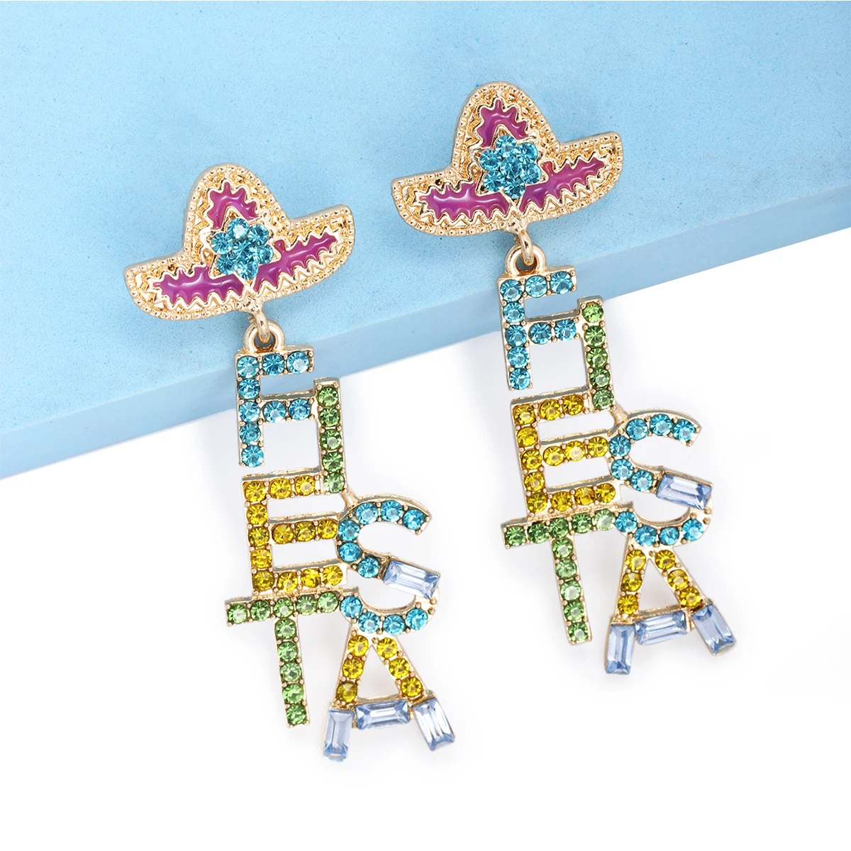

2023 Trendy New Design English Letters FIESTA Carnival Party Rhinestone Jewelry Earrings For Women Girls Statement Festival Gift