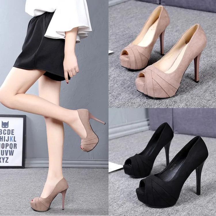 

Female Shoes Beige Heeled Sandals Flock House Slippers Platform Slides Shallow Peep Toe 2022 Black High Soft Thin Slip-On Lace-U
