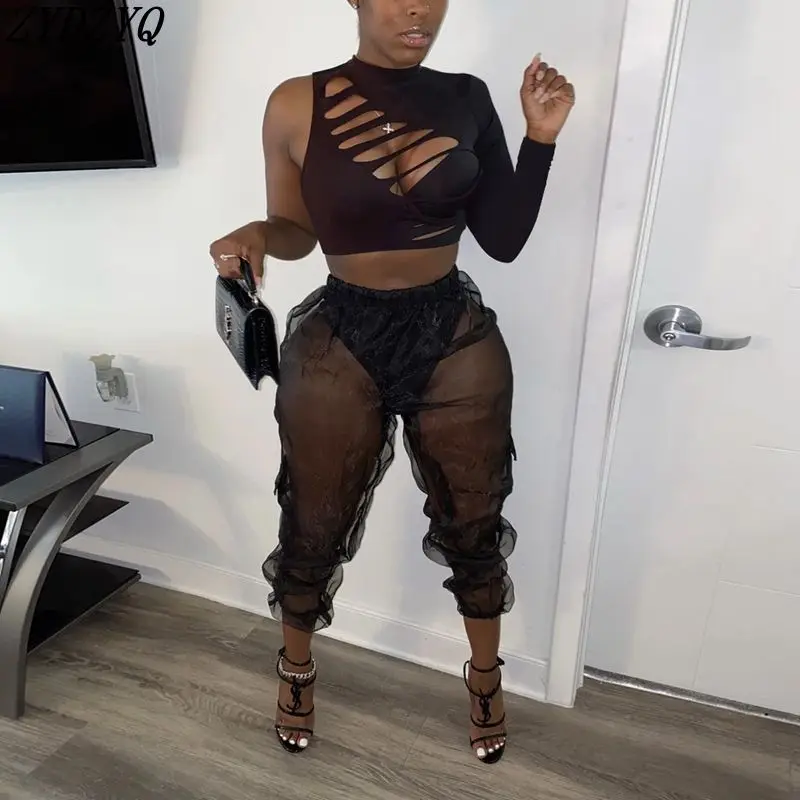 

ZYDZYQ 2 Pieces Set Women Summer Hollow Crop Top Mesh Pants Sets Y2k Clothes Nightclub Vacation Outfits Streetwear Wholesale